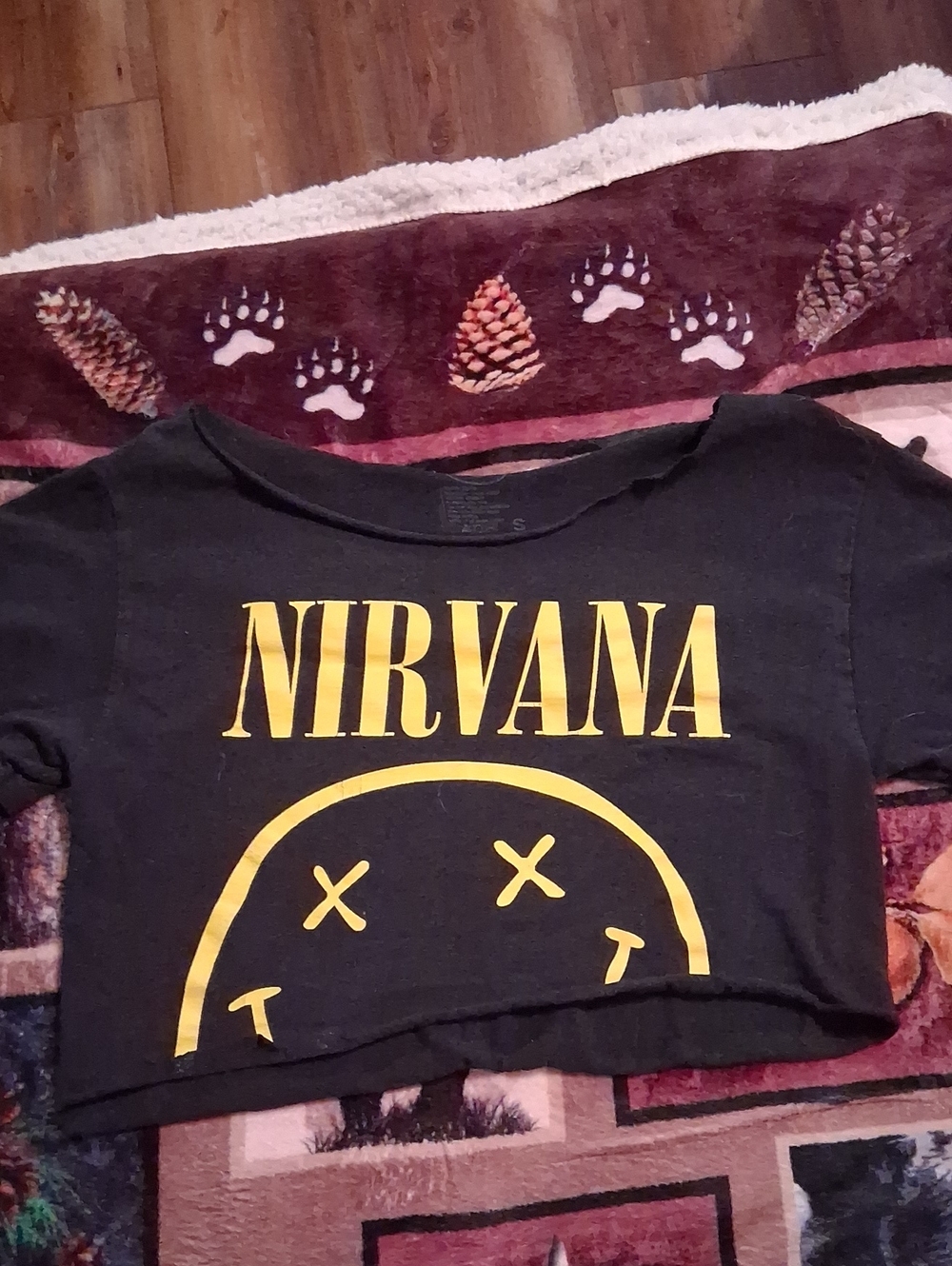 NIRVANA Black Crop Tee with Yellow Smiley Logo